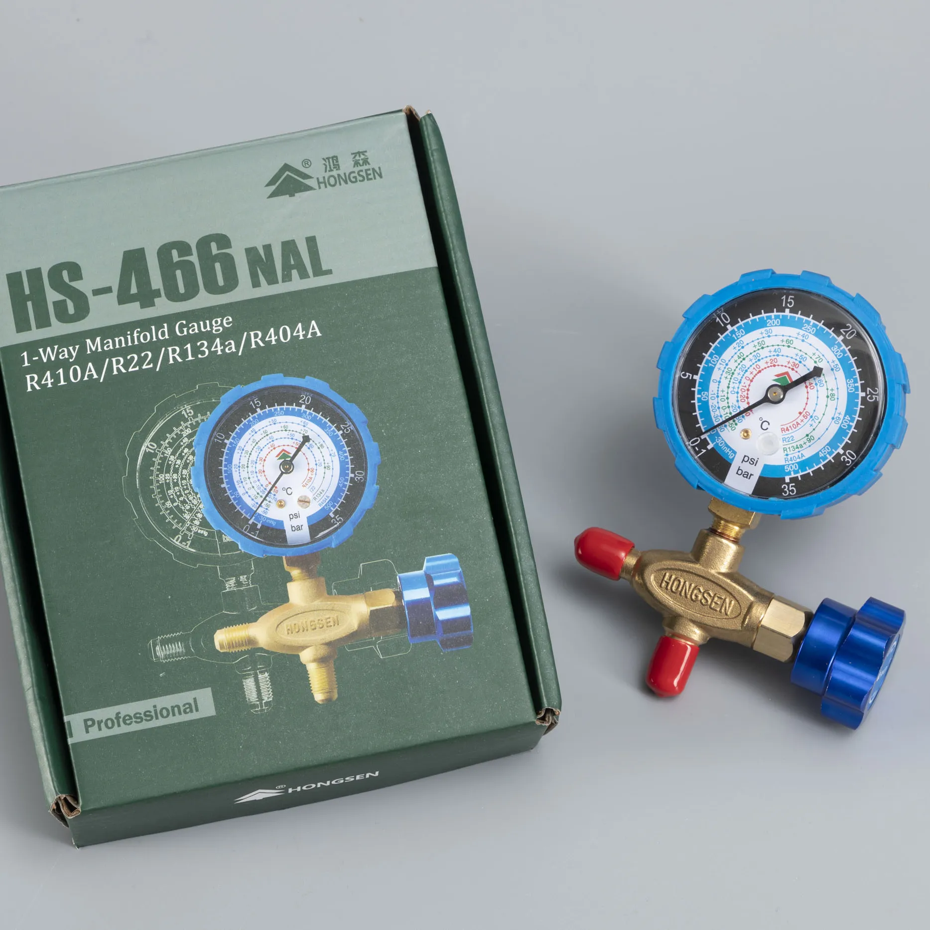 HONGSEN 1 Way Single Pressure Manifold Gauge for R410A/R22/R134A